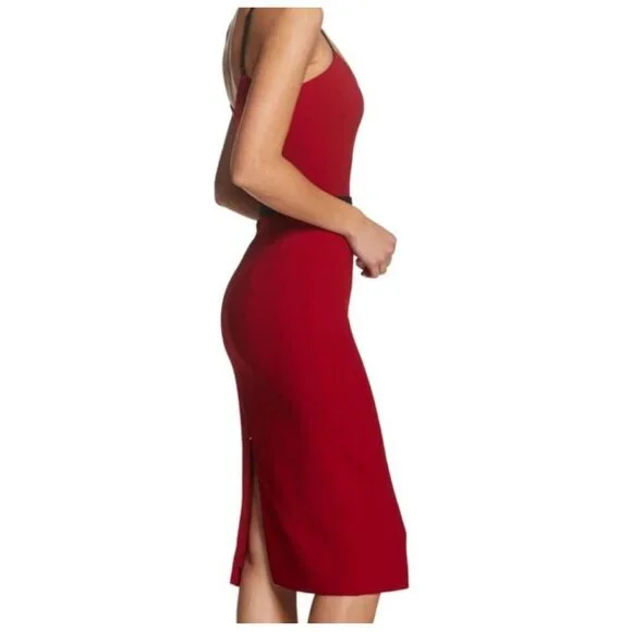 Dress the Population Emma V Neck Red Sleeveless Belted Holiday Midi Dress Size S Midi